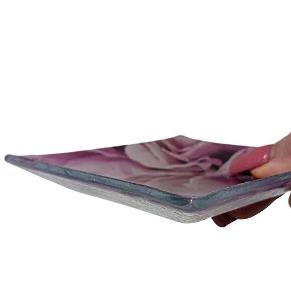 Glass Candle Drip Dish Plate 4" ROSE PETALS Violet Pink Square Romantic Vintage - Picture 5 of 16